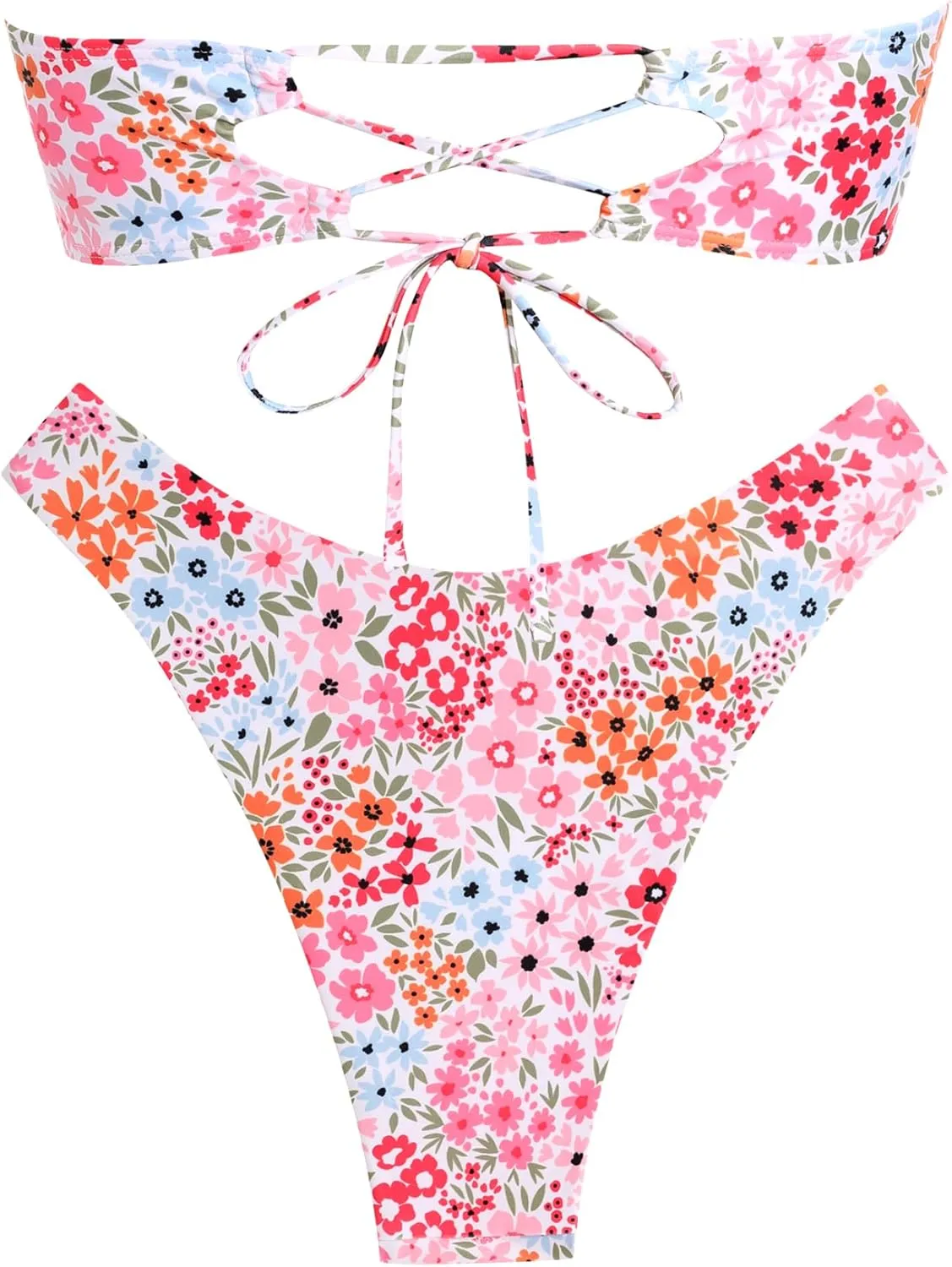 ZAFUL Women's Strapless Ribbed V Wired Lace Up Ruffle Tie High Cut Bandeau Swimsuits Bikini Set