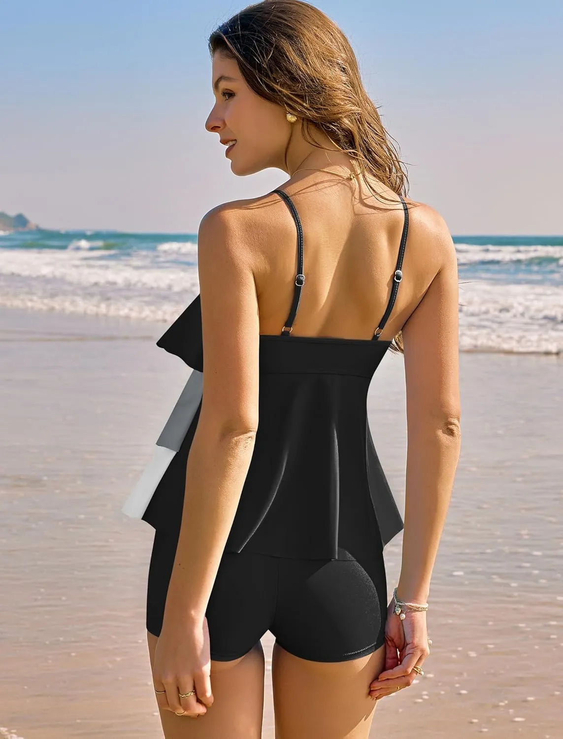 ZAFUL Women's Tankini Swimsuits Tummy Control Two Piece Bathing Suit Ruffled Flounce Swimwear with Shorts