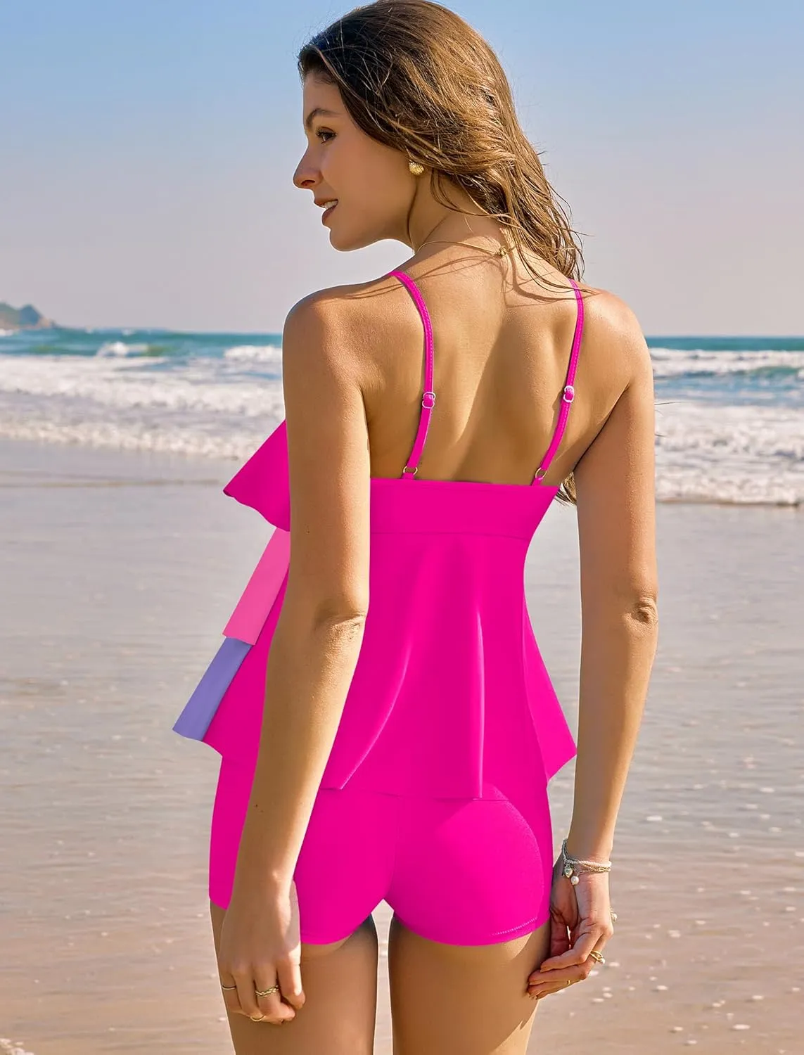 ZAFUL Women's Tankini Swimsuits Tummy Control Two Piece Bathing Suit Ruffled Flounce Swimwear with Shorts