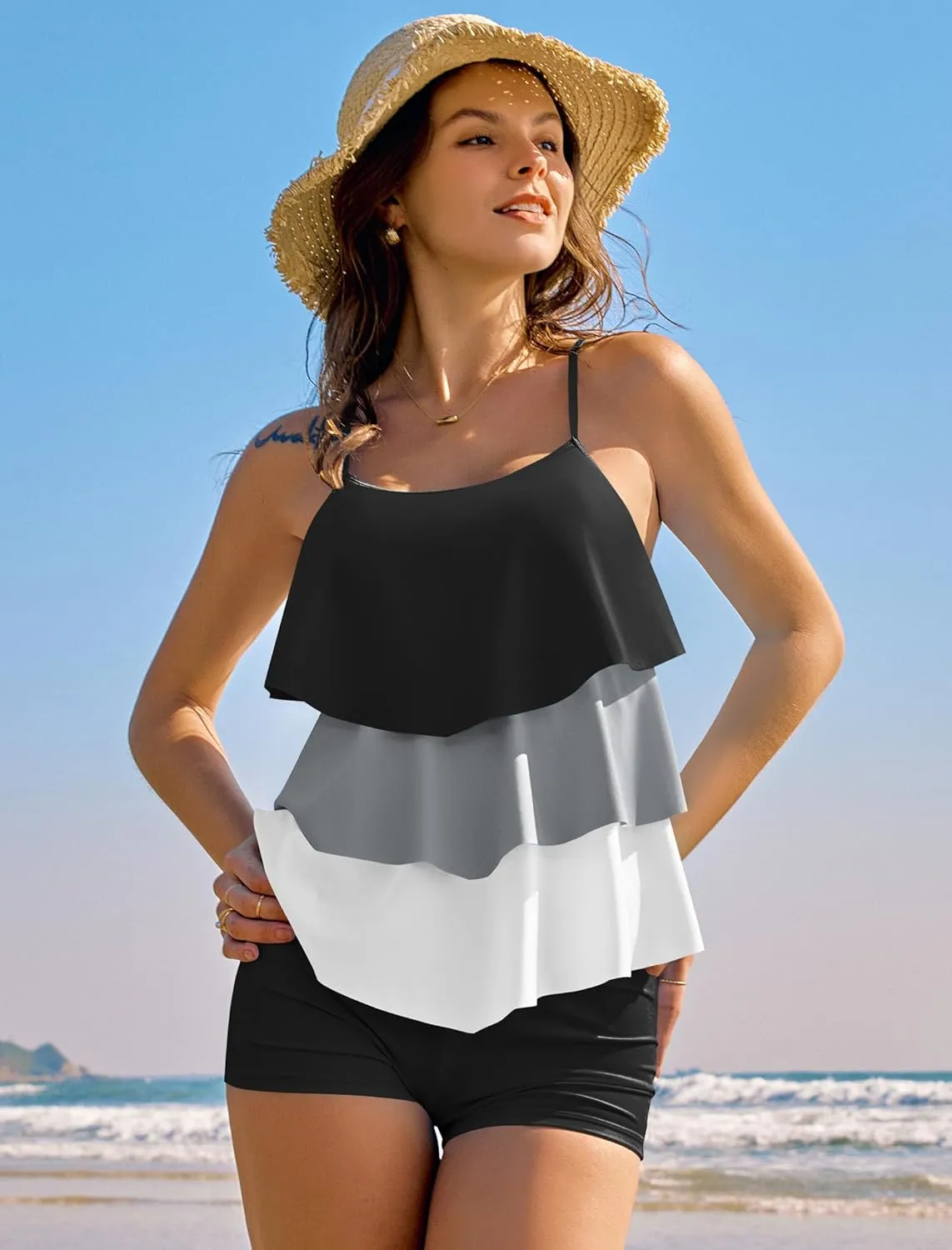 ZAFUL Women's Tankini Swimsuits Tummy Control Two Piece Bathing Suit Ruffled Flounce Swimwear with Shorts