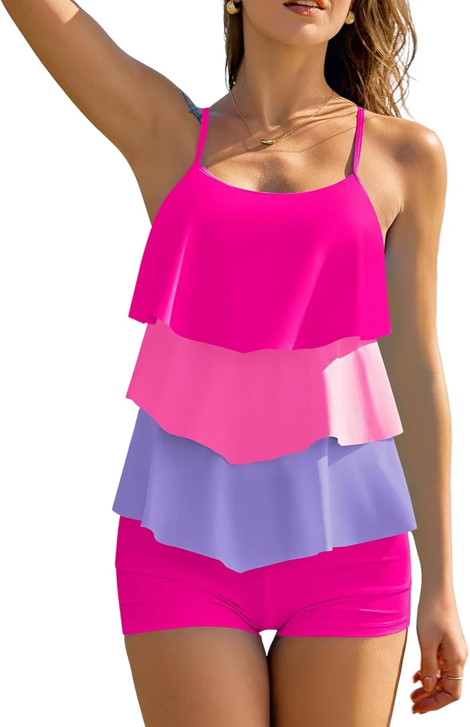 ZAFUL Women's Tankini Swimsuits Tummy Control Two Piece Bathing Suit Ruffled Flounce Swimwear with Shorts