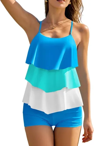 ZAFUL Women's Tankini Swimsuits Tummy Control Two Piece Bathing Suit Ruffled Flounce Swimwear with Shorts