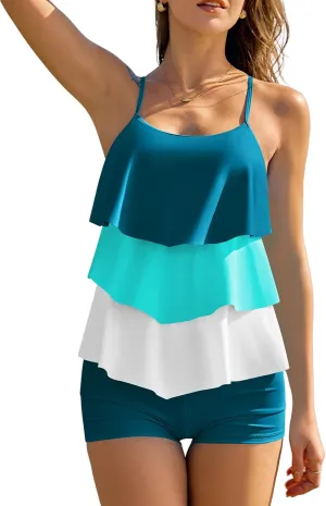 ZAFUL Women's Tankini Swimsuits Tummy Control Two Piece Bathing Suit Ruffled Flounce Swimwear with Shorts