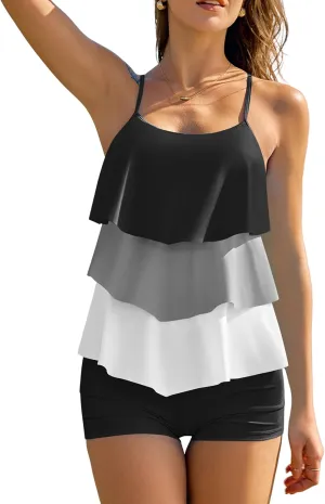ZAFUL Women's Tankini Swimsuits Tummy Control Two Piece Bathing Suit Ruffled Flounce Swimwear with Shorts