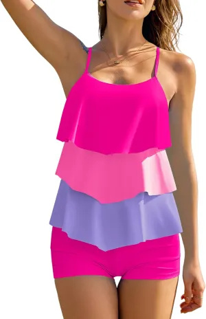 ZAFUL Women's Tankini Swimsuits Tummy Control Two Piece Bathing Suit Ruffled Flounce Swimwear with Shorts