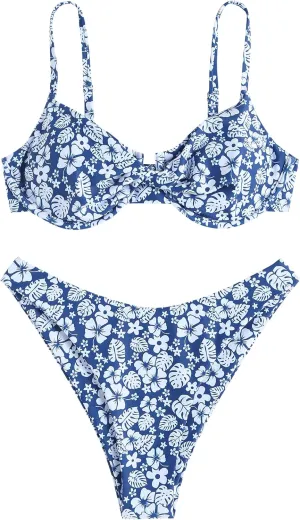 ZAFUL Women's Twist Front Bikini Sets Underwire Tie Back Bikini High Waisted Two Piece Swimsuit