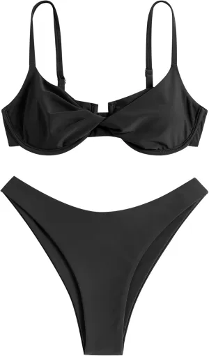ZAFUL Women's Twist Front Bikini Sets Underwire Tie Back Bikini High Waisted Two Piece Swimsuit