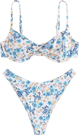 ZAFUL Women's Twist Front Bikini Sets Underwire Tie Back Bikini High Waisted Two Piece Swimsuit