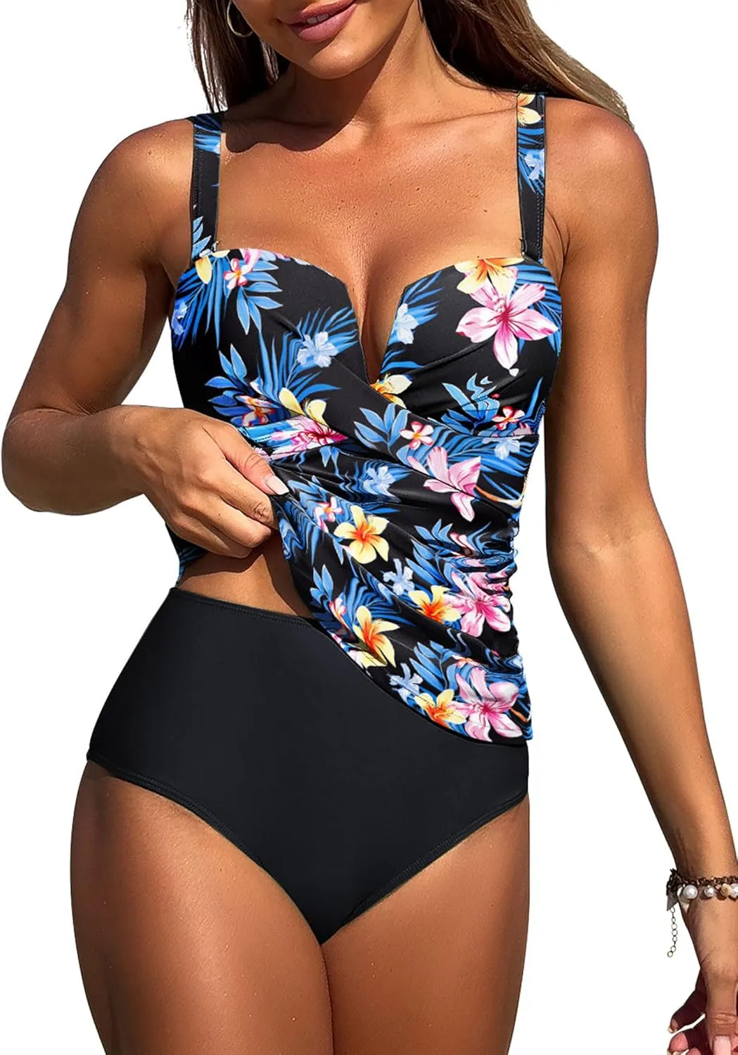ZAFUL Women's Two Piece Tankini Swimsuits Tummy Control Crisscross Bathing Suits V-Wire Swim Tank Tops with Briefs