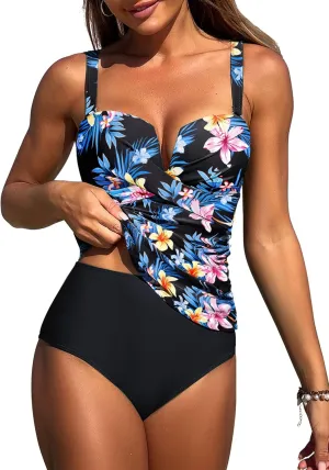 ZAFUL Women's Two Piece Tankini Swimsuits Tummy Control Crisscross Bathing Suits V-Wire Swim Tank Tops with Briefs