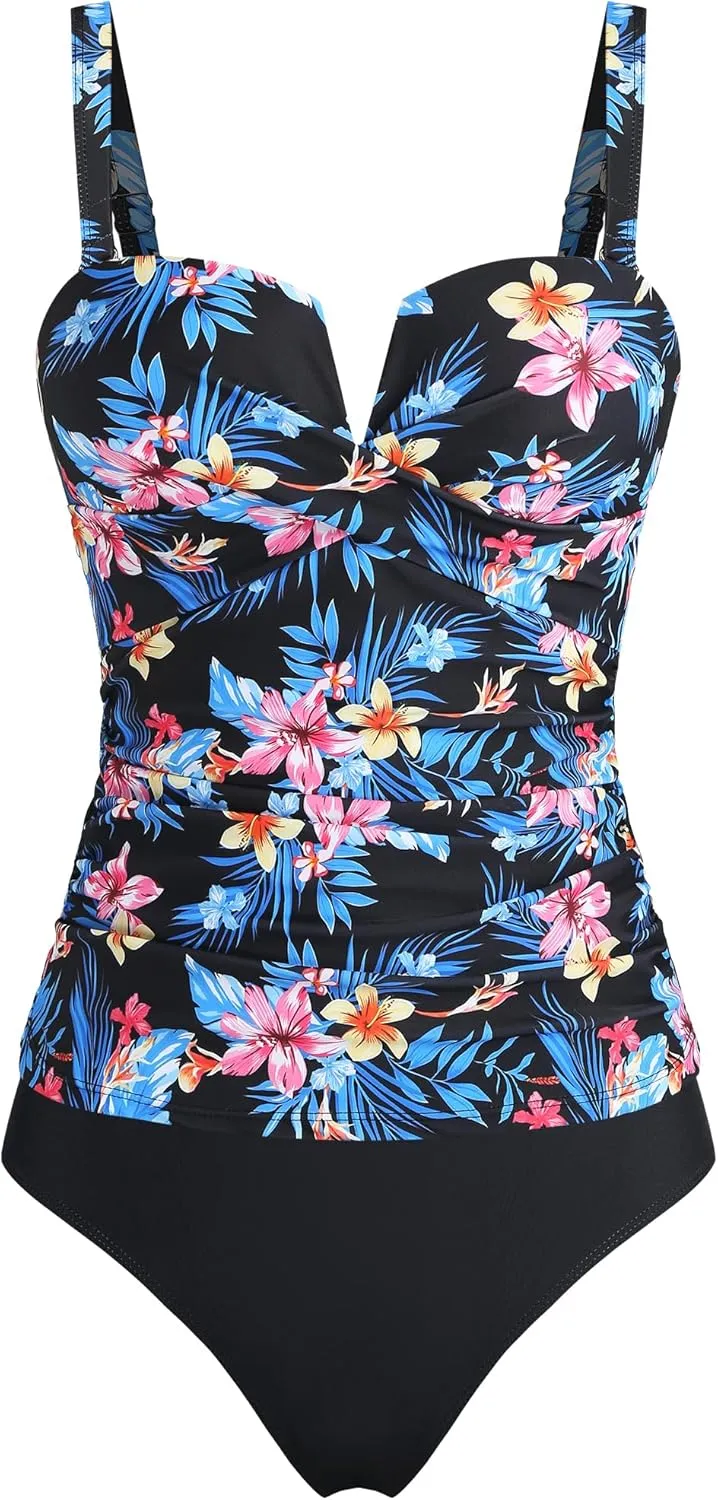 ZAFUL Women's Two Piece Tankini Swimsuits Tummy Control Crisscross Bathing Suits V-Wire Swim Tank Tops with Briefs