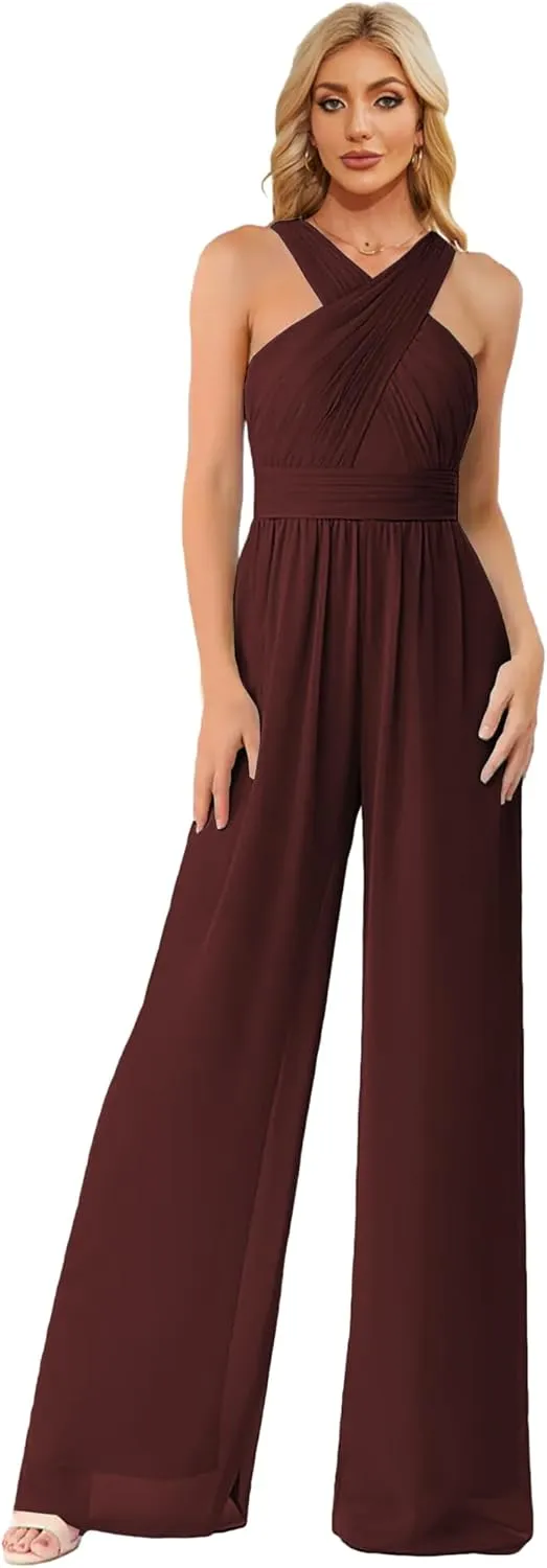 Zoghoo Chiffon Formal Jumpsuits for Women Wedding Halter Long Wide Leg Pants Rompers One Piece Outfits