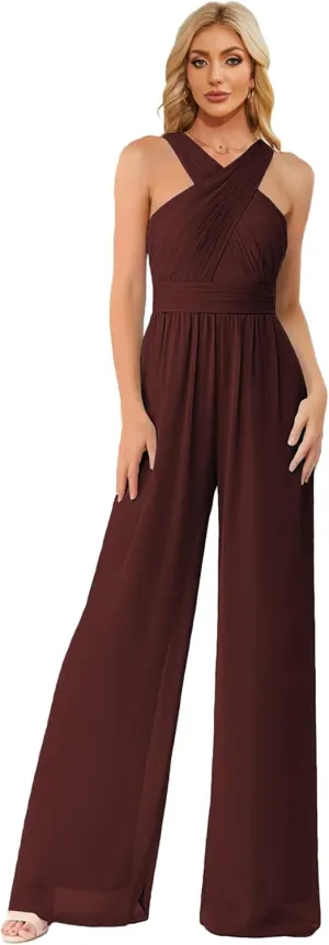 Zoghoo Chiffon Formal Jumpsuits for Women Wedding Halter Long Wide Leg Pants Rompers One Piece Outfits