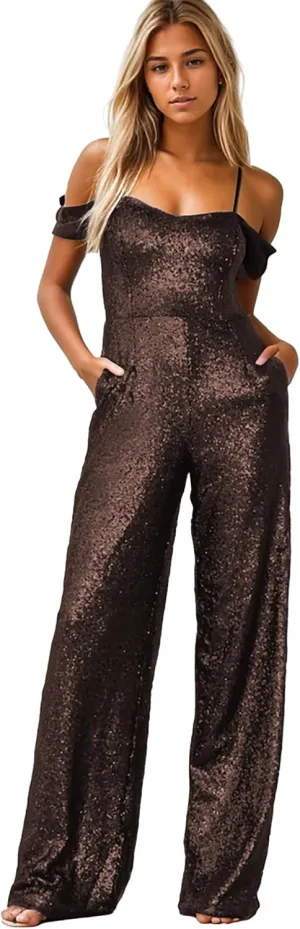Zoghoo Sparkly Sequin Formal Jumpsuits for Women Off The Shoulder Prom Dresses Long One Piece Romper