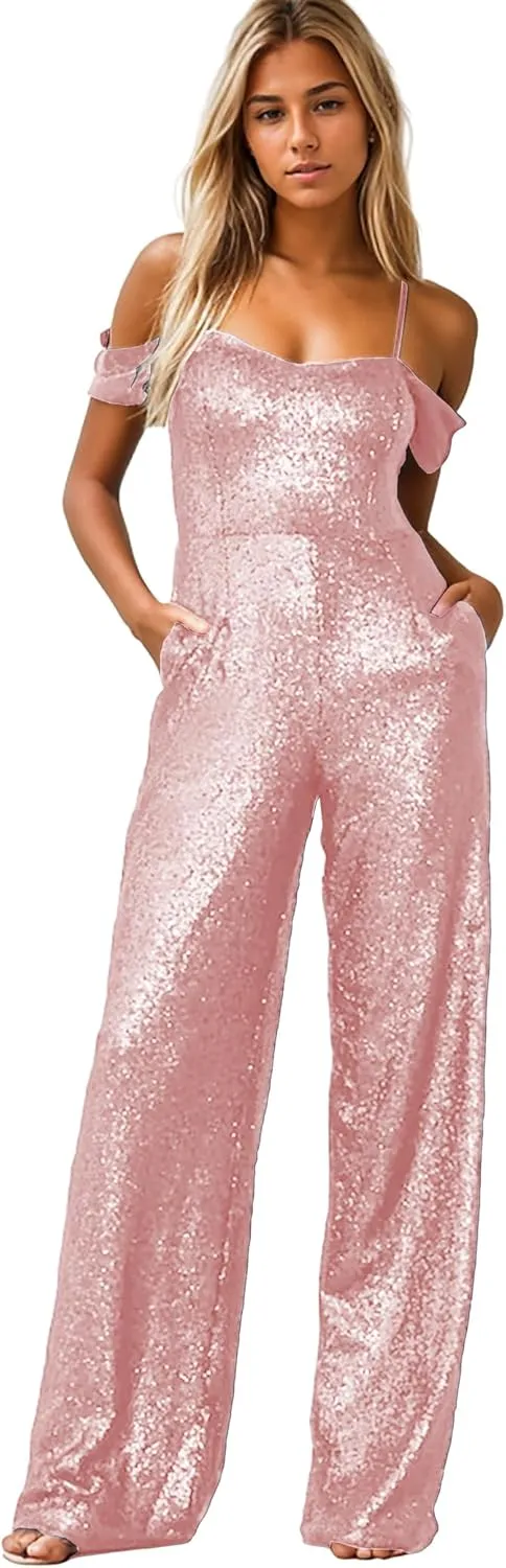 Zoghoo Sparkly Sequin Formal Jumpsuits for Women Off The Shoulder Prom Dresses Long One Piece Romper