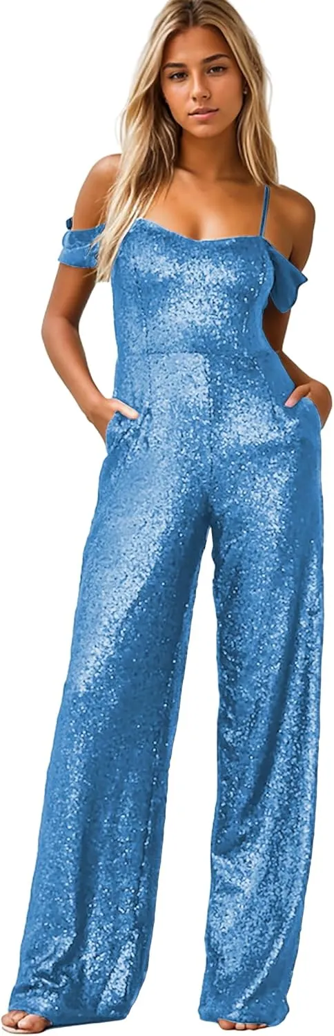 Zoghoo Sparkly Sequin Formal Jumpsuits for Women Off The Shoulder Prom Dresses Long One Piece Romper
